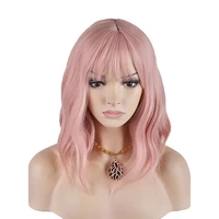 hairjoy women medium synthetic hair wig pink curly neat bang wigs free shipping