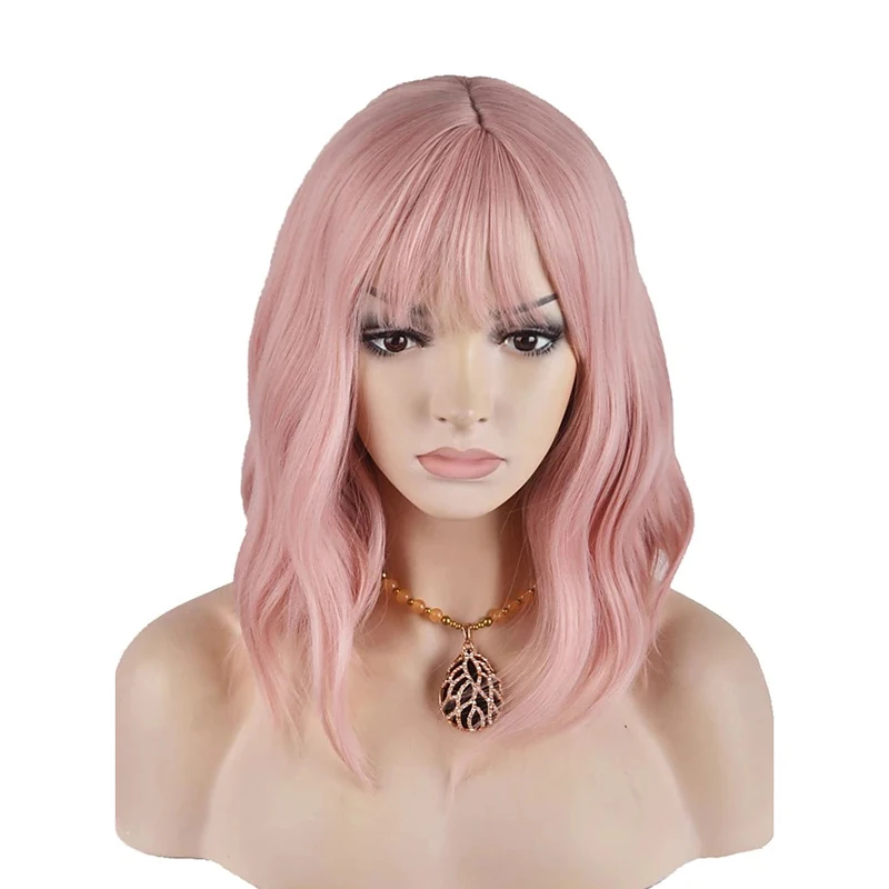 Женские искусственные парики. Парик с челкой. Розовый парик. Синтетический парик. Парик светло-розовый.