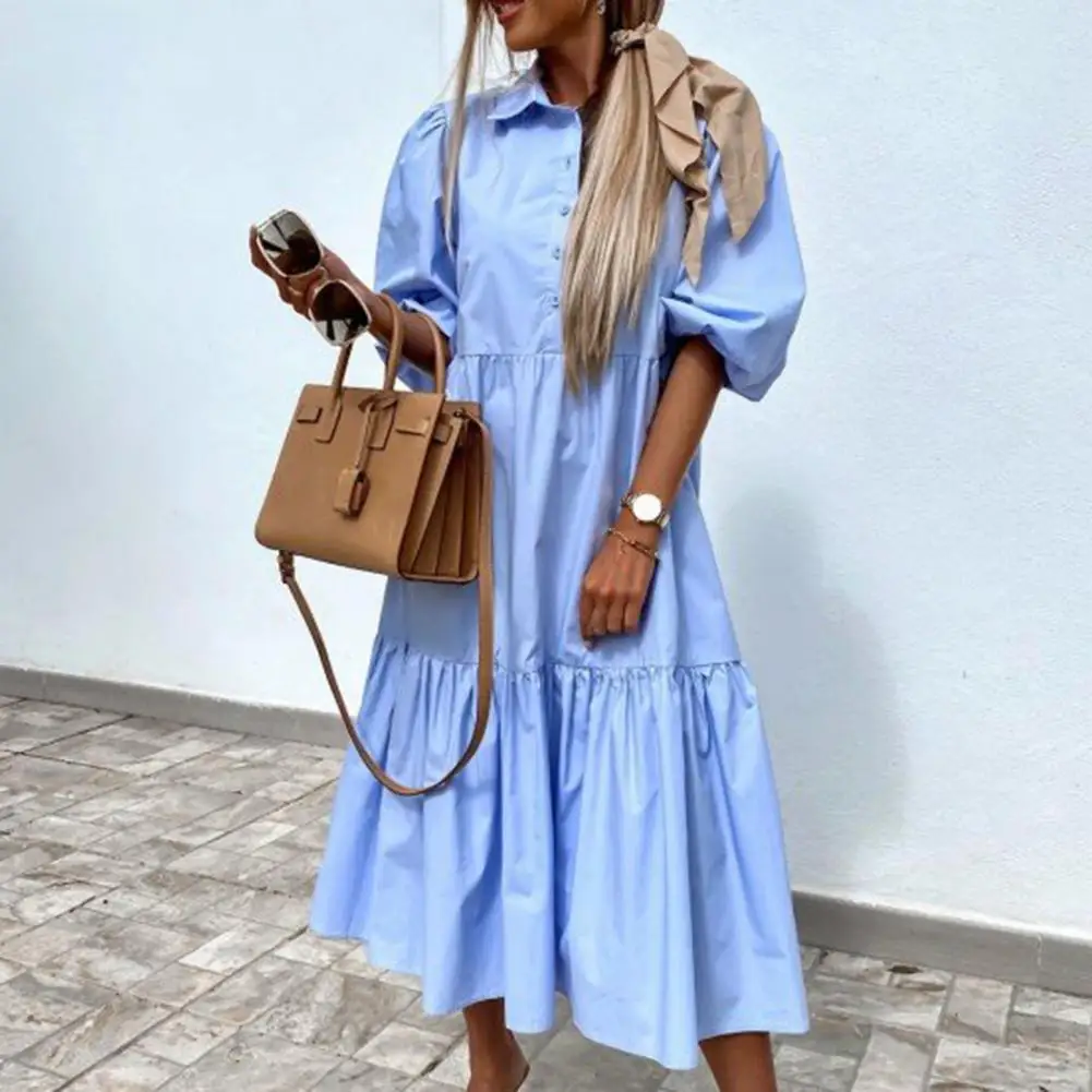 

Women Shirt Dress Solid Color Large Hem Cotton Blend Half Sleeve Turn Down Collar Streetwear for Spring/Summer