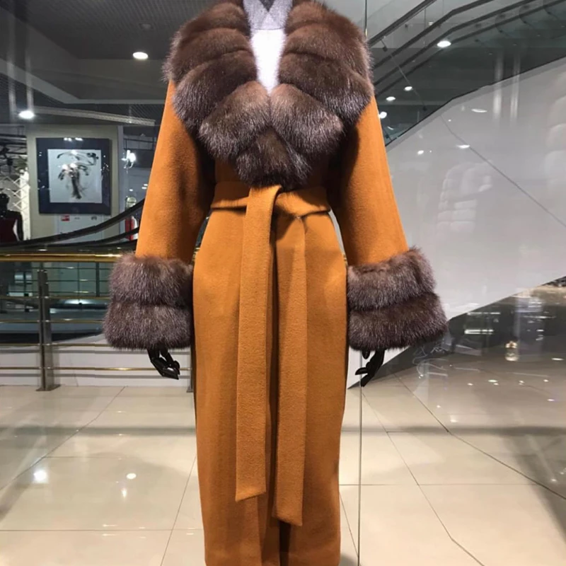 

100% ladies wool women woollen coat rabbit fur sleeve and collar