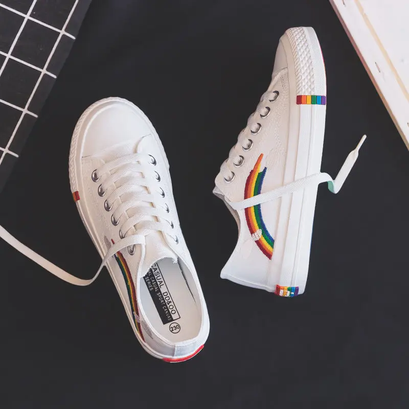 

Women's Fashion 2021 Vulcanized Shoes Woman Sneakers New Rainbow Retro Canvas Shoes Flat Fashion Comfortable High Shoes Women