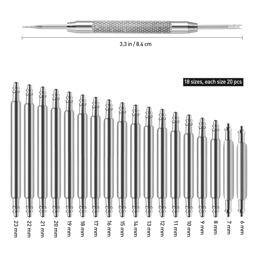 

360pcs 6mm-23mm Stainless Steel Watch Band Link Spring Bars & Watch Pin Remover Tool Set (Silver)
