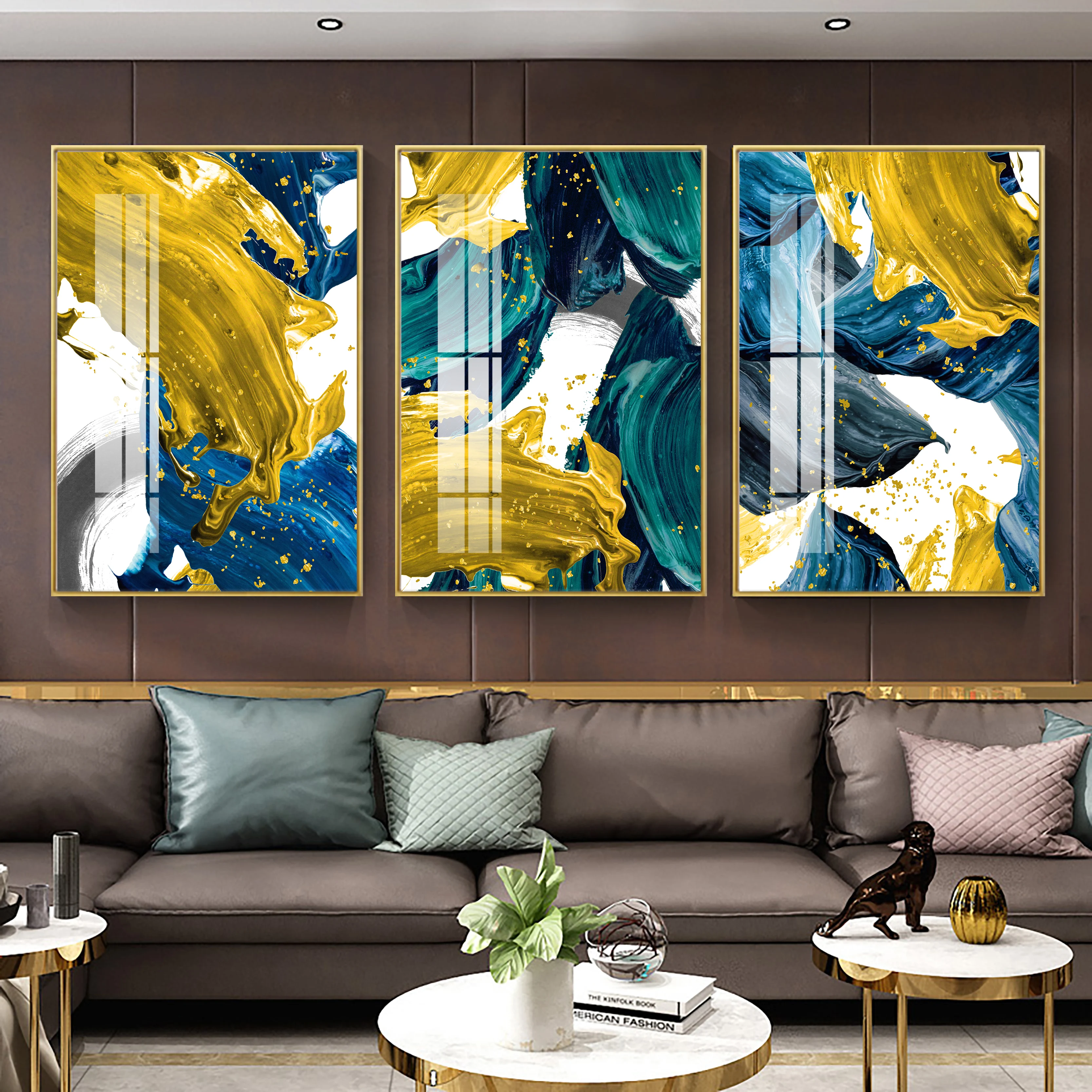 

Abstract Wall Poster Yellow Golden Foil Blue Nordic Canvas Print Colorful Block Art Painting Pictures Living Room Hotel Decor