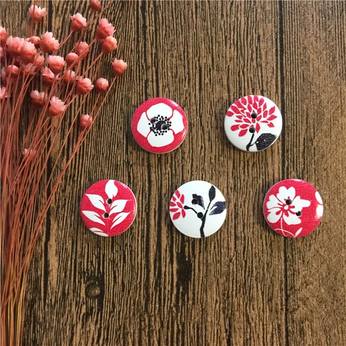 100pcs Red Flowers Painted Wood Round Buttons 15mm 2 Holes Sewing Button Embellishments Crafts Scrapbooking Cardmaking | Дом и сад