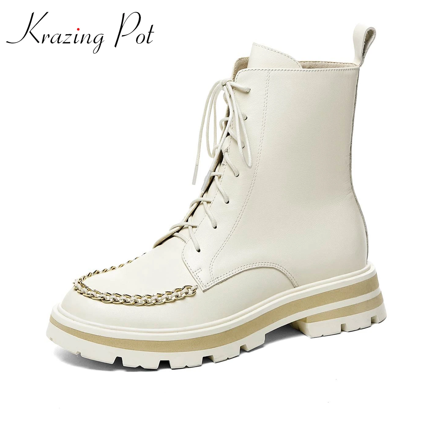 

Krazing Pot full grain leather western boots round toe winter metal chains med heels high quality sewing platform ankle boots