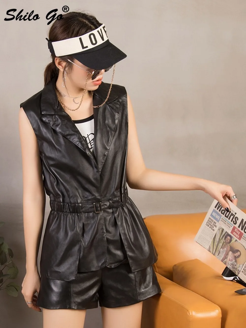 Женский Элегантный жилет из натуральной кожи Осенний черный офисный без рукавов