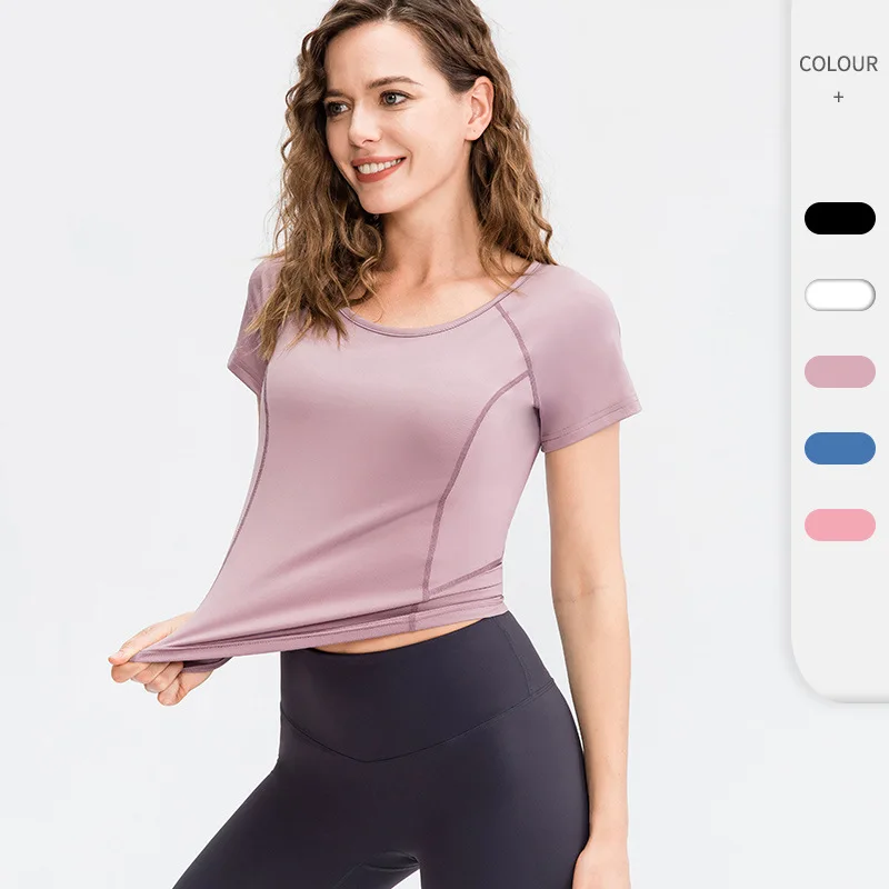 

Women's fitness short sleeve round neck tight quick drying sports T-shirt stretch running high waist Yoga Top 02215