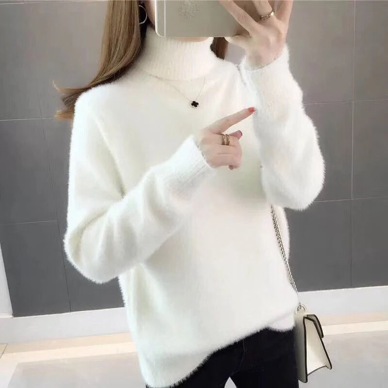 White Turtleneck Women Sweater Jumper Knitted Winter Blue Pink High Collar Warm Plush Pullover Casual Velvet Loose Plus Size | Женская