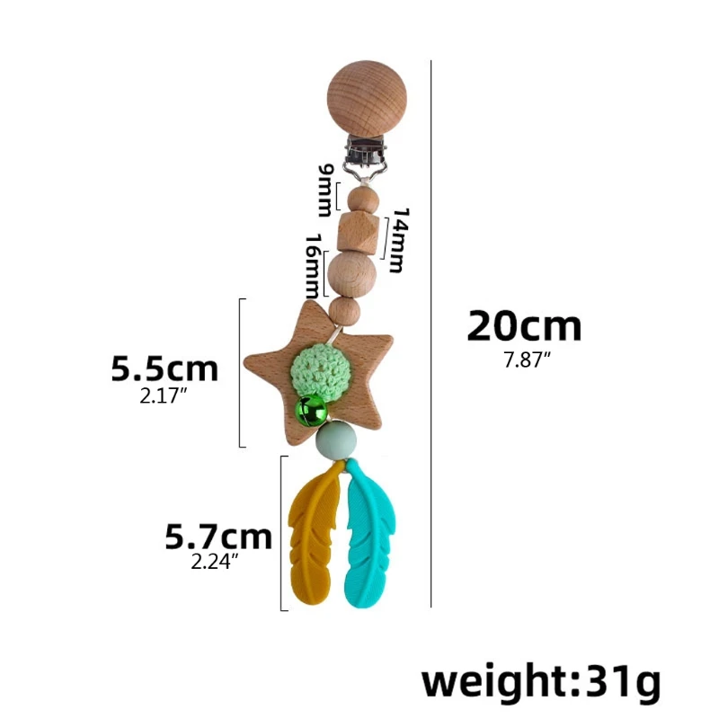 

1pc Baby Teether Siliocne Beads Feather Teething Pendant Pram Clip Hanging Toys P31B