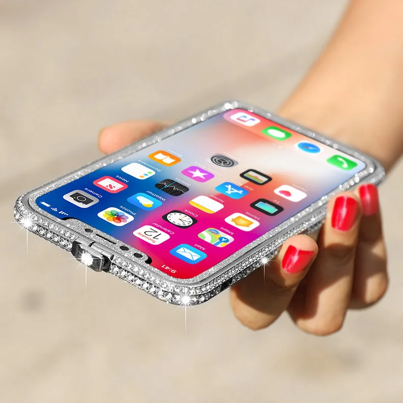 Блестящие стразы с алюминиевой рамкой для iPhone X XS Max XR 8 7 6 6S Plus чехол-бампер с алмазами с задней передней пленкой
