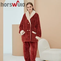 horswula coral fleece pajamas autumn winter cardigan flannel home clothes suit sleepwear pajamas winter ladies thicken suits