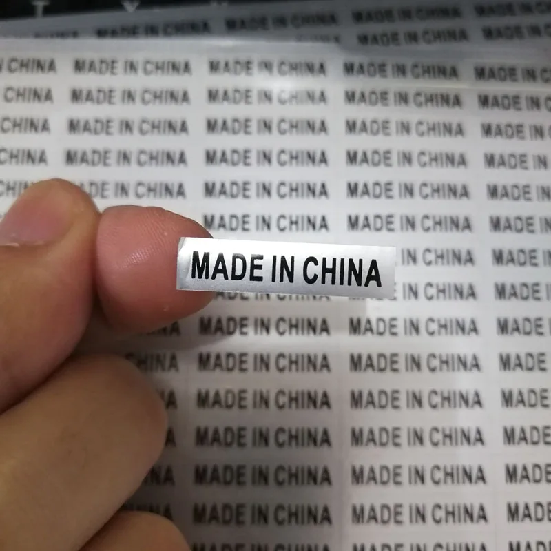 500 шт., 25x5 мм, Серебристые/белые наклейки с черной печатью, изготовленные в Китае, страна происхождения