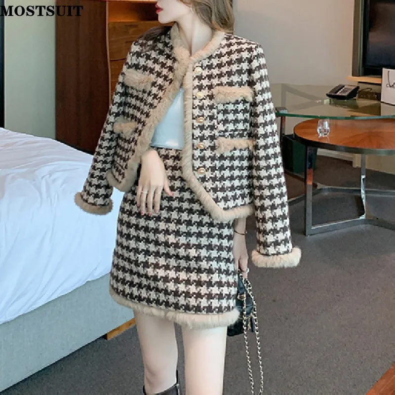 

Winter Houndstooth Woolen Skirt Sets Women O-neck Jacket & A-line Mini Skirt Suits Elegant Vintage Fashion Chic Ladies 2 Pcs Set