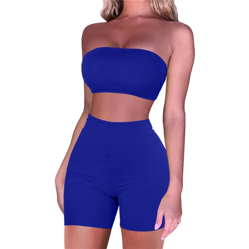 

2020 Streetwear Clothing Women Mini Bar Sleeveless Crop Tops Shorts Pure Color Two Piece Set Women Tube Top Party Bodycon Shorts