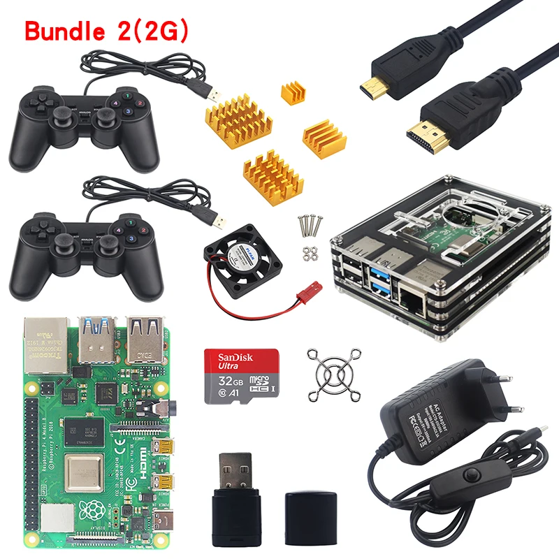 Raspberry Pi 4 Модель B игровой комплект 2 ГБ/4 ГБ ОЗУ доска+ акриловый чехол+ игровой контроллер+ адаптер питания+ кабель Micro HDMI+ sd-карта