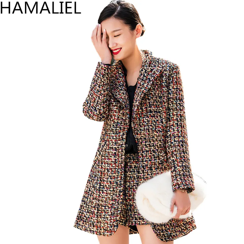 HAMALIEL, роскошный осенний зимний костюм из 2 частей, Модный женский клетчатый твидовый плотный теплый блейзер с отложным воротником, пальто+ шорты, костюм