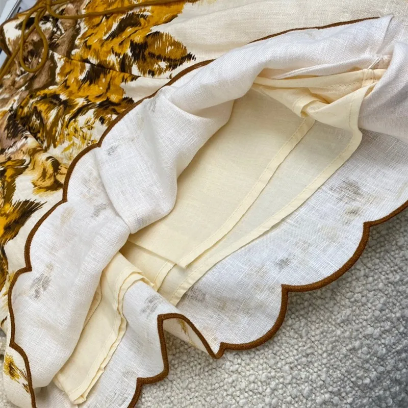 

2021 New Summer Women Fashion A-line Yellow Floral Print Shorts High Quality Linen