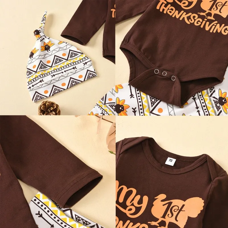 

Baby Boy Girl Thanksgiving Set 3Pcs Autumn Newborn Letter Print Long Sleeve Romper Trousers Hat Outfits