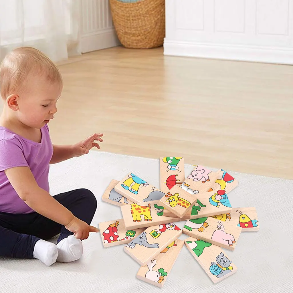 

Domino Animal Puzzles 15 Pieces Classic Multicolor Kit Wooden Blocks Puzzle for Game Activities Ages 2 Years and up Girl