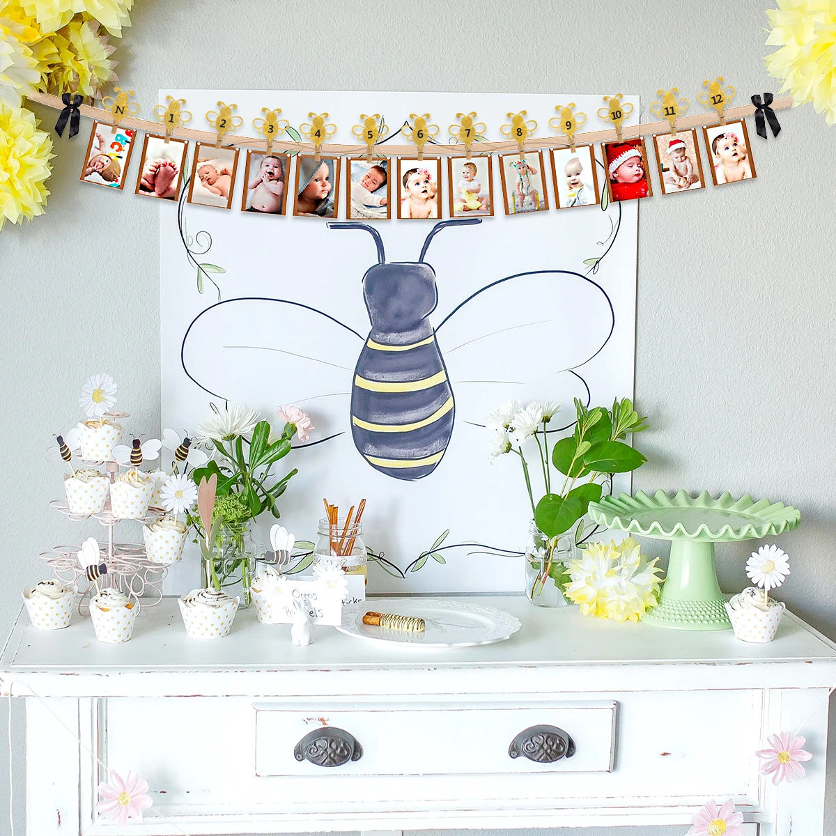 

PATIMATE Bee Banner Happy Baby 1st Birthday Banner Flag ONE Year Bunting Garland First Birthday Party Boy Girl Baby Shower Decor