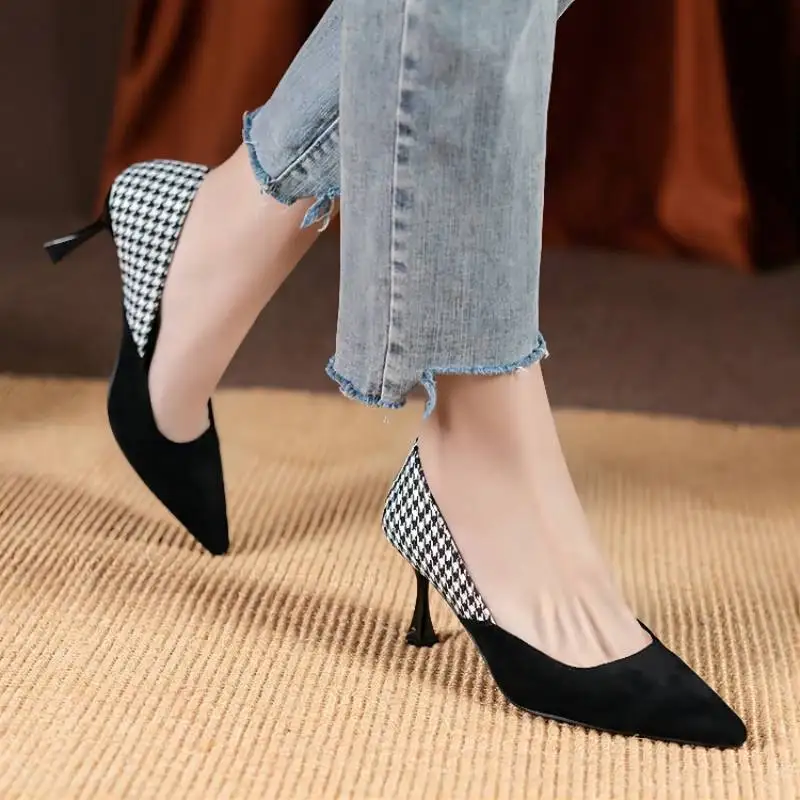 

TOPHQWS 2022 Retro Heeled Shoes Women Spring Houndstooth High Heels Female Pumps Shallow Designer Shoes Casual Pointed Toe Pumps