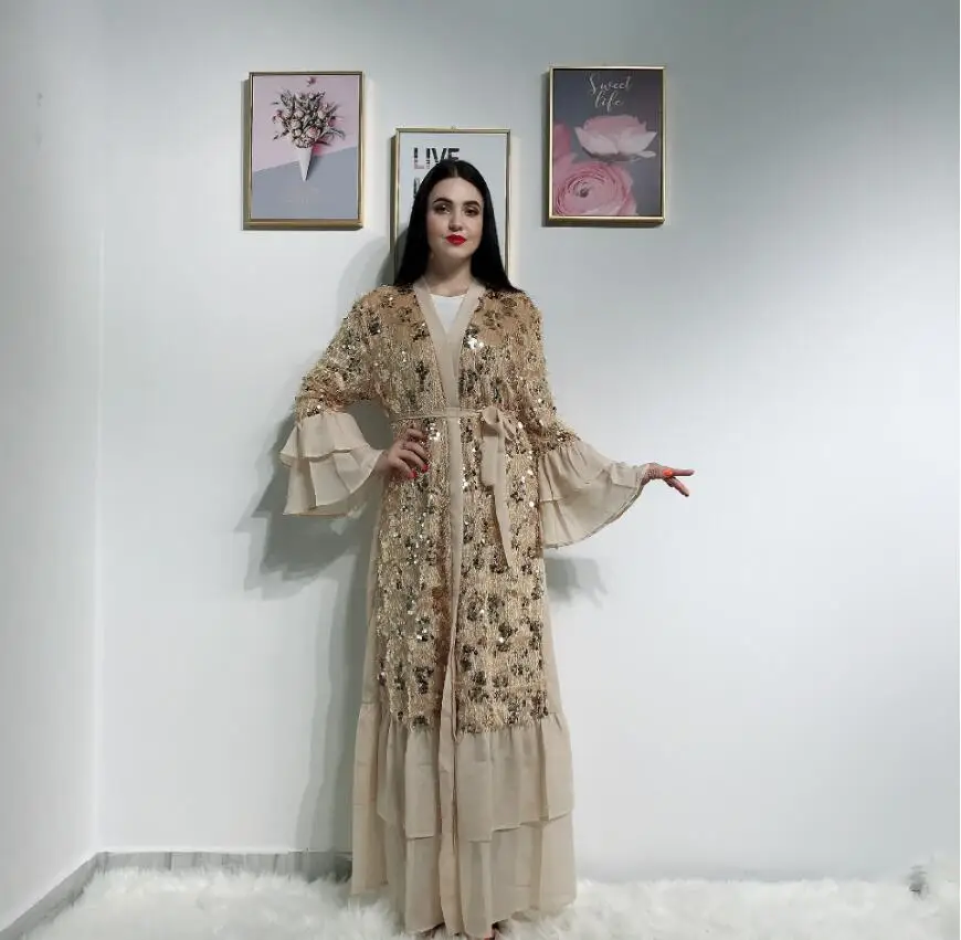 Мода Дубай блёстки Абая для женщин роскошное мусульманское Макси caftan открытое переднее арабское турецкое исламское платье Абая Дамская одежда