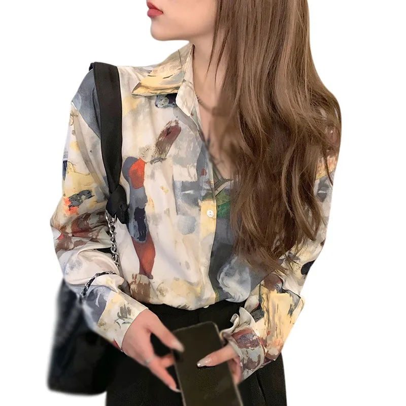 

Women Retro Abstract Pattern Long Sleeve Shirt Printed Loose Personality Sunscreen Blouses Printing