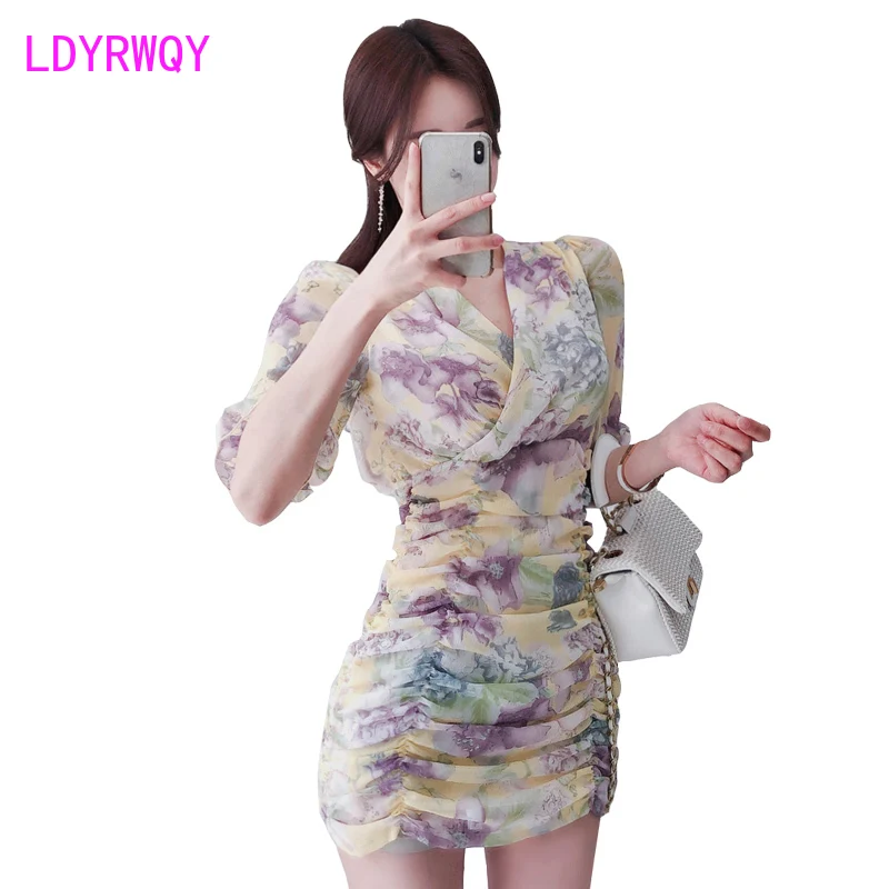 

Summer new chiffon printed pleated design dress Knee-Length Office Lady V-Neck Summer Sheath