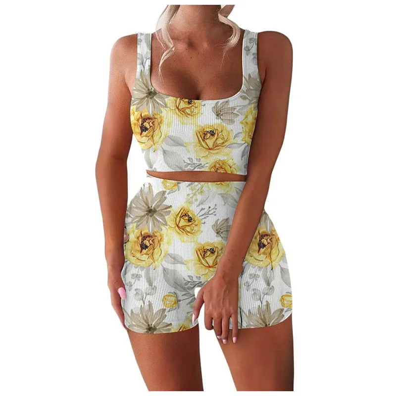 

2 Pieces Yoga Shorts Set Ladies Print High Waist Gym Set Leopard Casual Set Workout Clothes Women Sportswear 2021 New Summer
