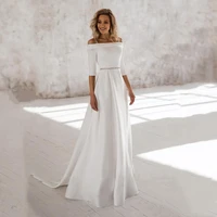 cheap off the shoulder wedding dress half sleeves simple boho vestido de casamento wedding robe party gowns sweep train 2021