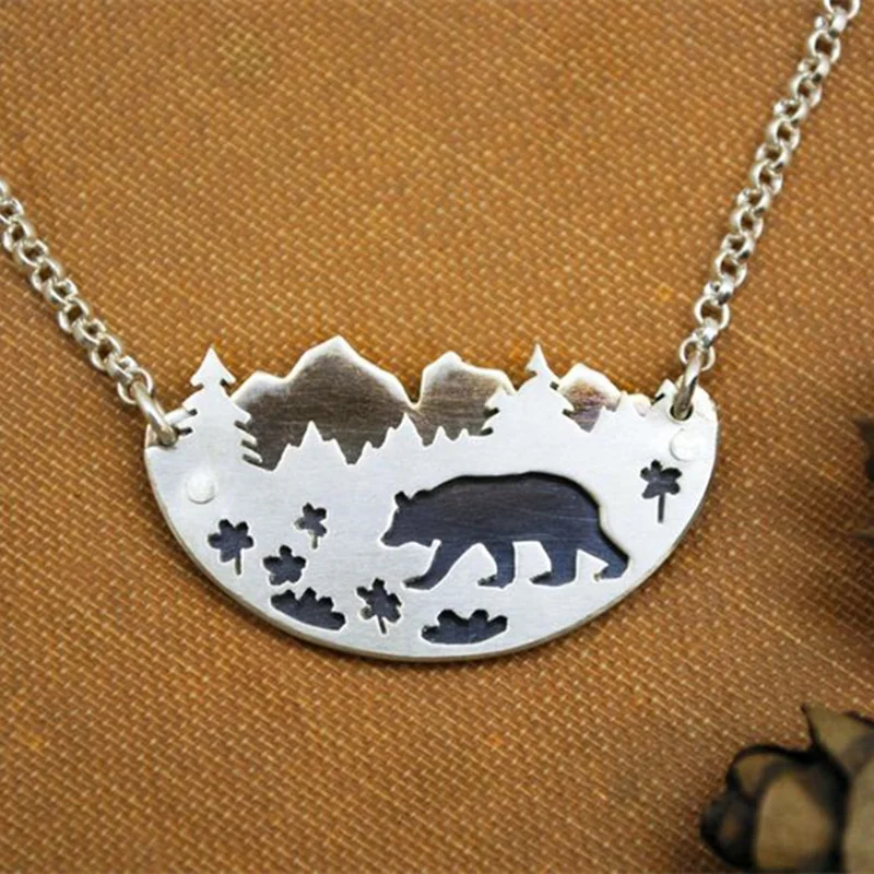 Черный медведь в луга кулон ожерелье подвеска виде дерева колье для женщин