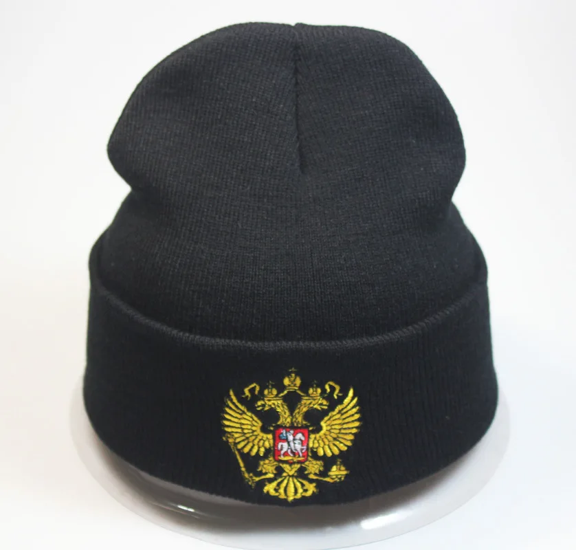 

Вязаная шапка с вышивкой и российским гербом, пуловер, шапка, осенне-зимняя теплая шапка для мужчин и женщин, модная, приятная на ощупь