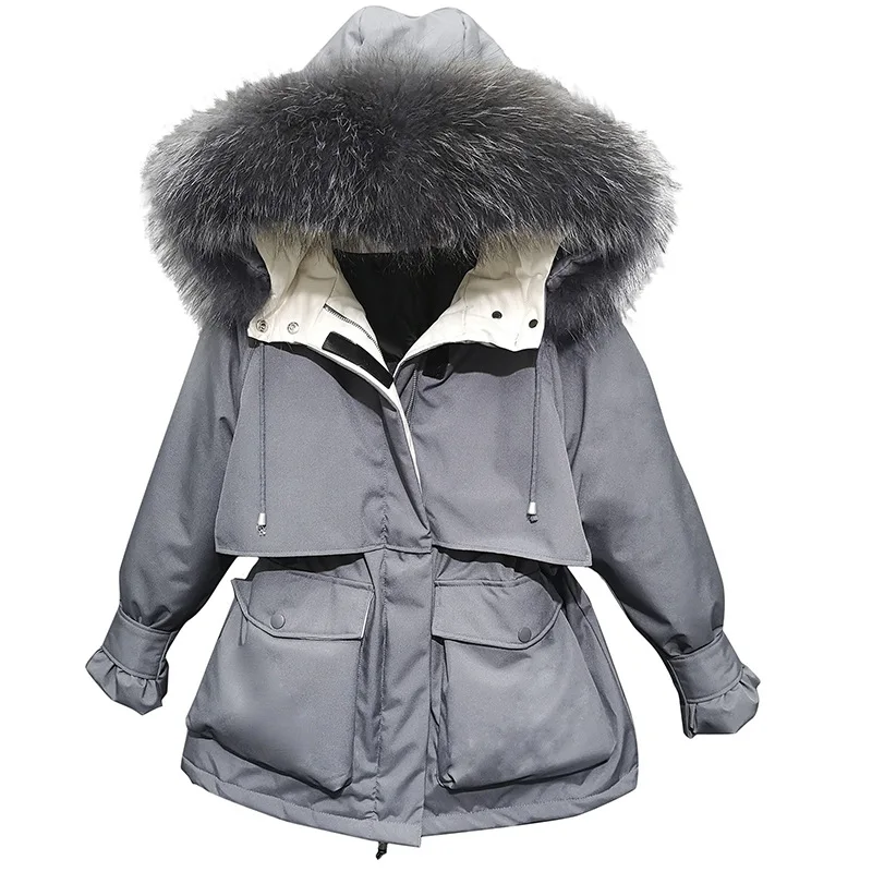 womens down jackets winter coat real raccoon fur collar short jacket white duck parkas korean tops hooded thick warm | Женская одежда