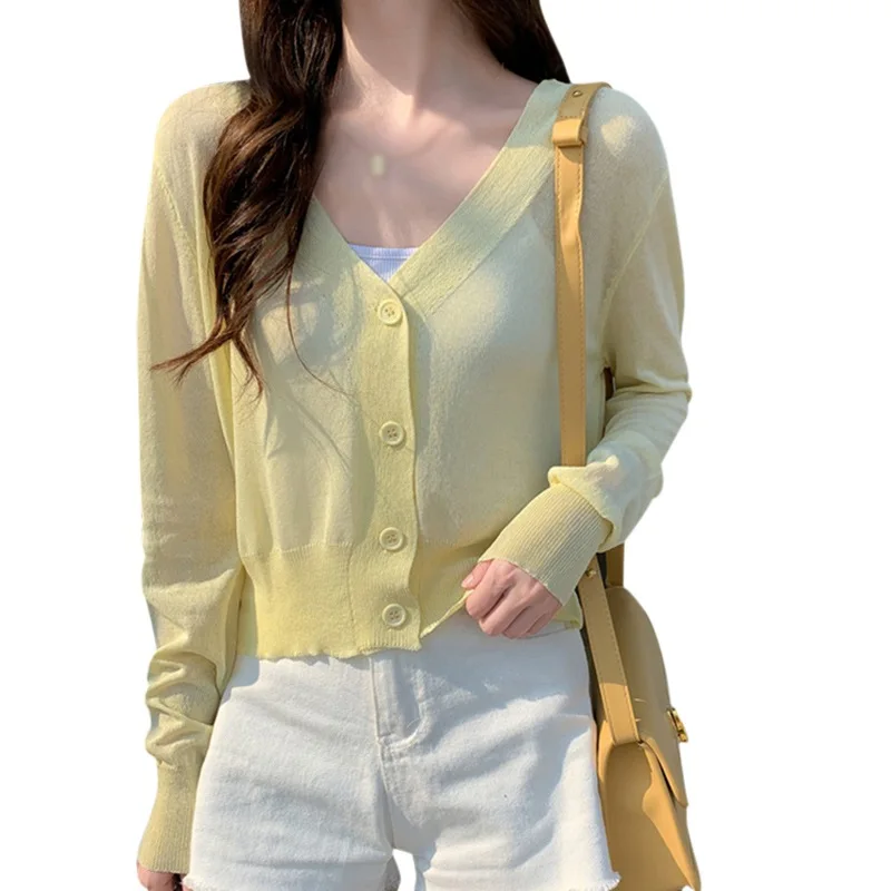 

Женский тонкий кардиган на пуговицах, повседневный трикотажный универсальный солнцезащитный кардиган с длинными рукавами и V-образным выр...