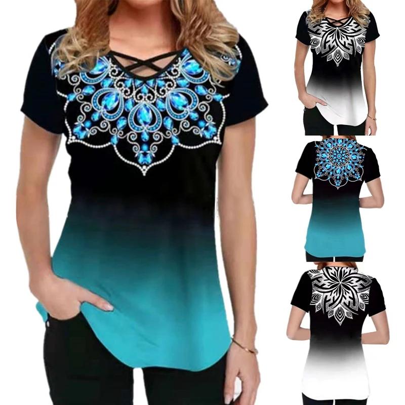 

Ladies' Printed Tie V-Neck Casual Short Sleeve T-Shirt