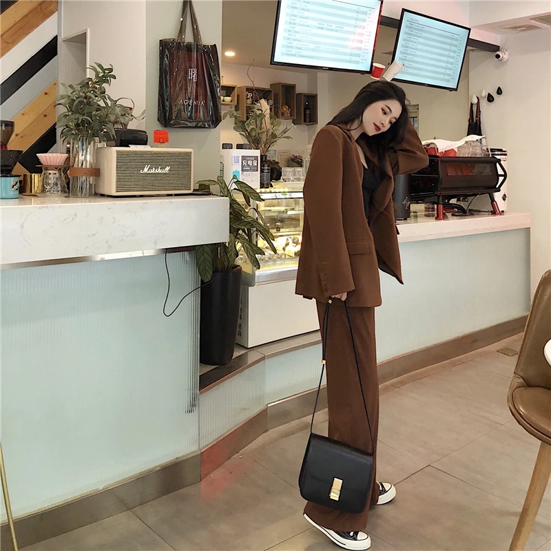 MinuoYi Женский комплект из двух предметов, корейский Повседневный однотонный однобортный черный костюм с длинным рукавом+ брюки, Женский блейзер, набор, осень