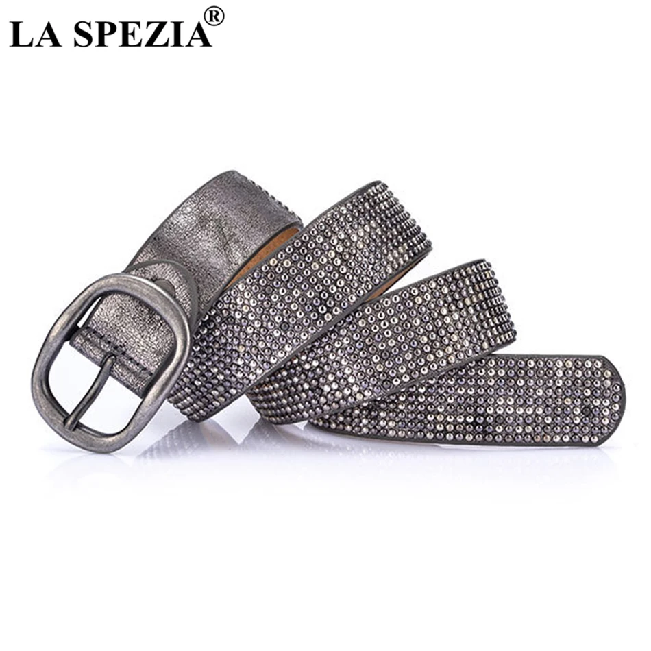 LA SPEZIA Women Belt Rivet Gold Belt For Trousers Pin Buckle Female Real Leather Cowskin High Quality Ladies Rock Belts