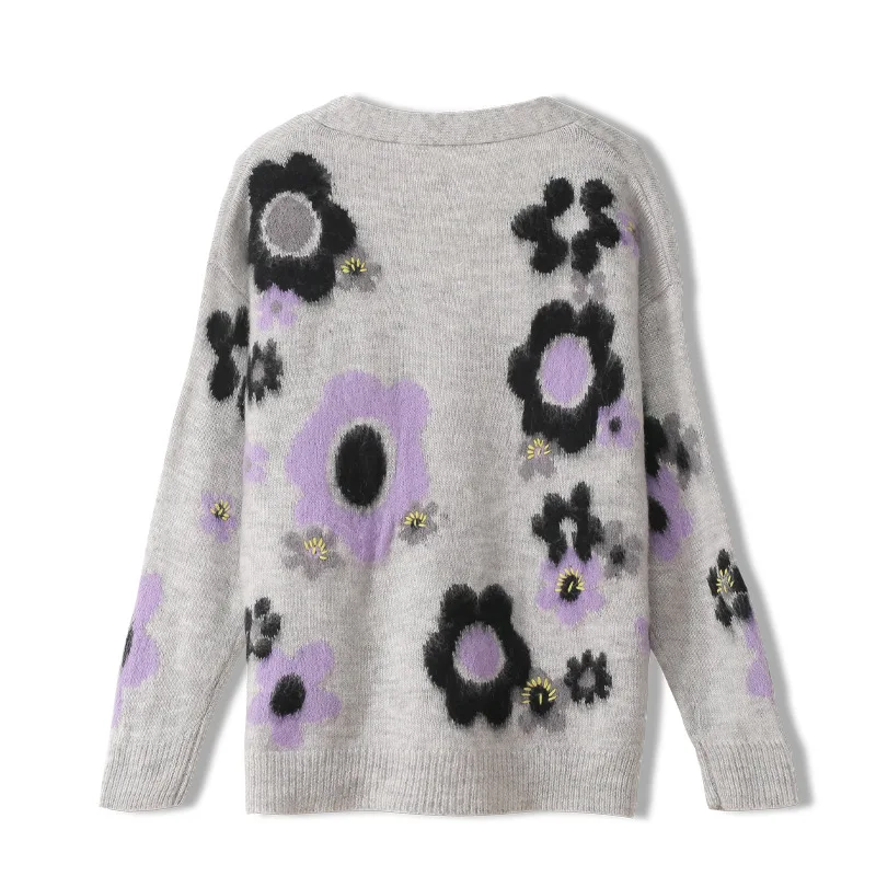 

Осенний роскошный удобный дизайн в стиле преппи с цветочным узором, вязаный мохеровый шерстяной облегающий кардиган с бисером, милый женск...