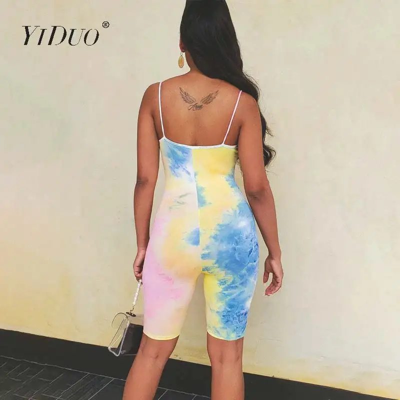 

YiDuo Women Colorful Tie-Dye Print Rompers Fitness Slash Neck Spaghetti Straps Elastic Playsuit 2020 Activewear Outfits Casual