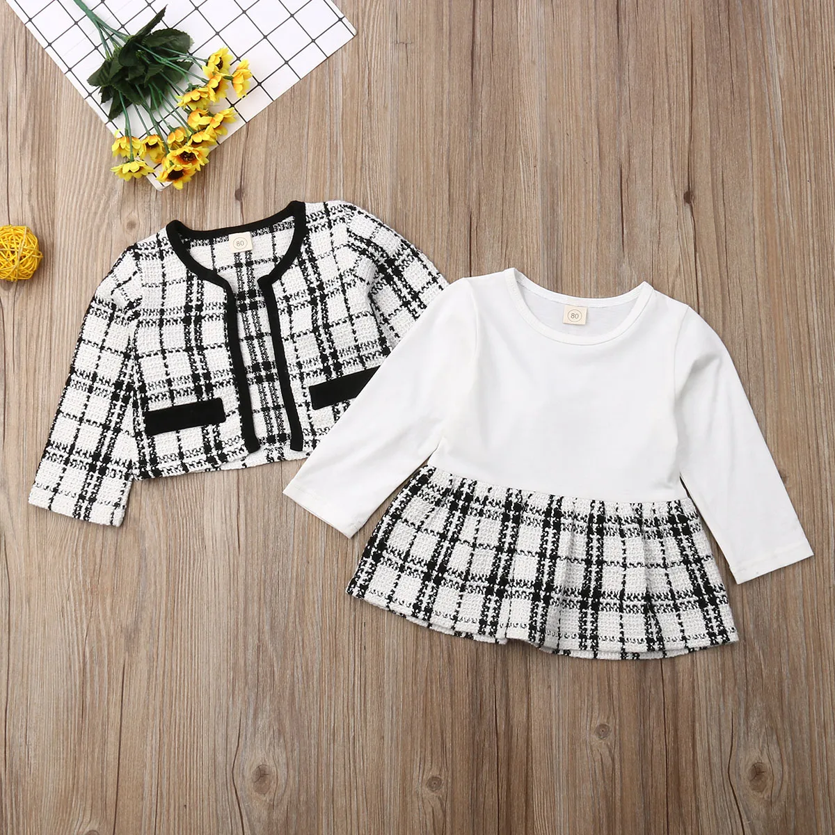 

Baby Girls Clothes Sets Long Sleeve Plaid Coat Tops+Dress 2Pcs Warm Outfit