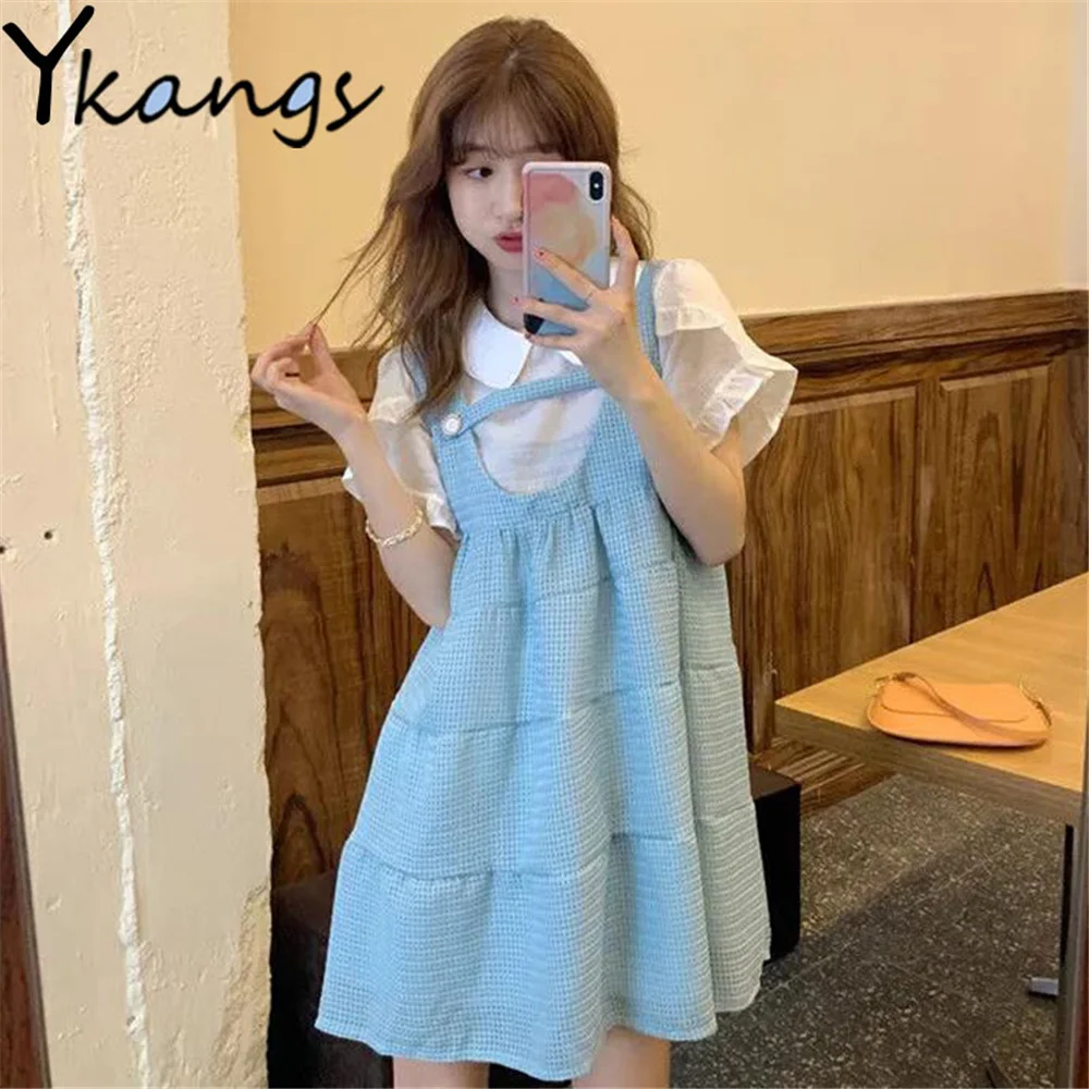 

White Design Ruffles Sleeve Doll Collar Short Sleece Shirt+Sweet Loose Suspender Skirt Summer New Korean Style Women Streetwear