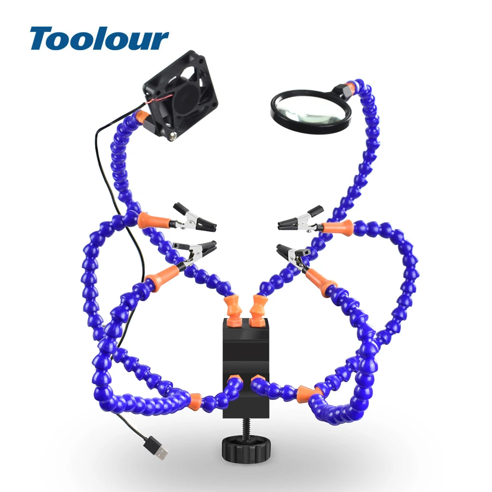 Toolour Soldering Helping Hand Third USB Flashlight Fan Magnifying Glass Flexible Arms Holder For Welding Repair | Инструменты