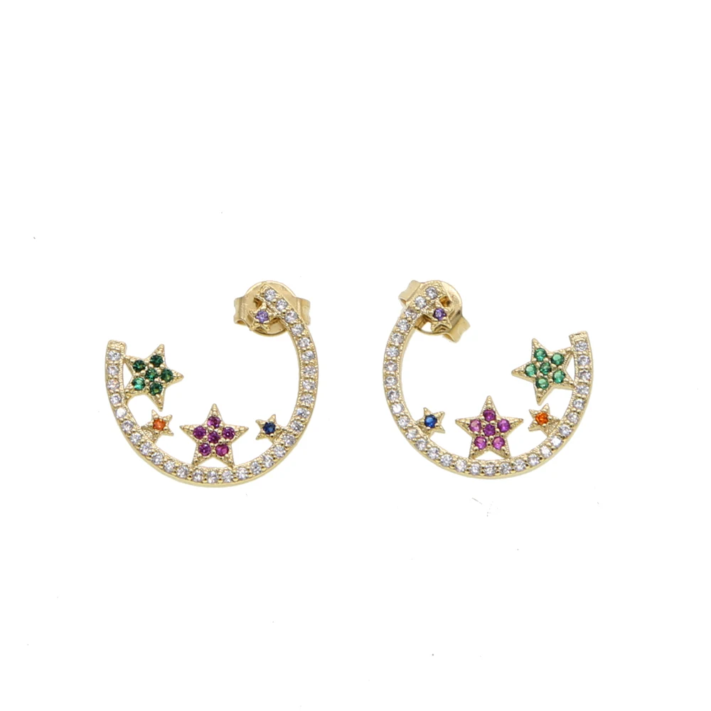 Женские серьги гвоздики с фианитами позолоченные подвесками в виде звезд нежные