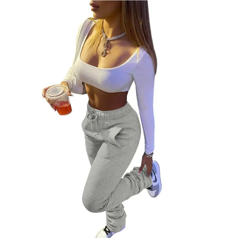 

Solid Color Flare Stacked Ruched Pants High Waist Leggings Trousers Sportswear Thick Sweatpants