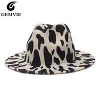 gemvie fashion wide brim cows pattern fedora hat for women wool felt hat for men autumn winter panama jazz cap