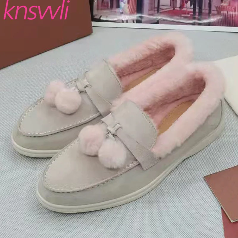 

Туфли женские зимние на меху, замшевые лоферы, пушистые, с помпоном, Повседневная Теплая обувь для прогулок, плоская подошва