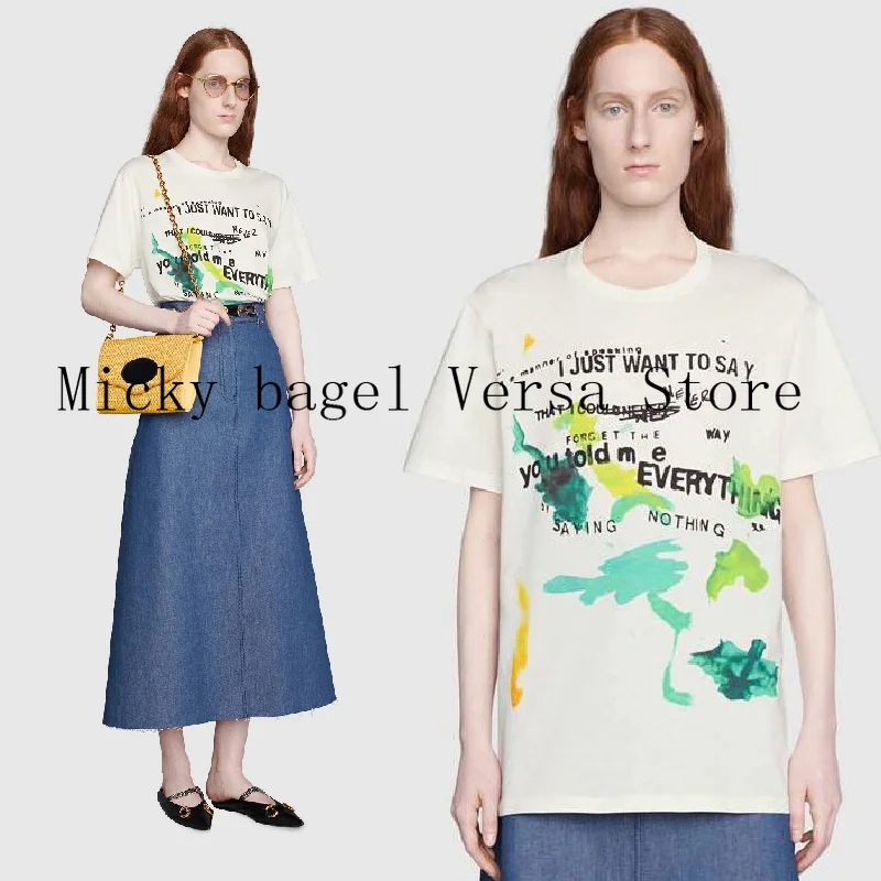 

luxury high quality spring and autumn new letter printing graffiti leisure loose round neck short sleeve women's pattern T-shirt