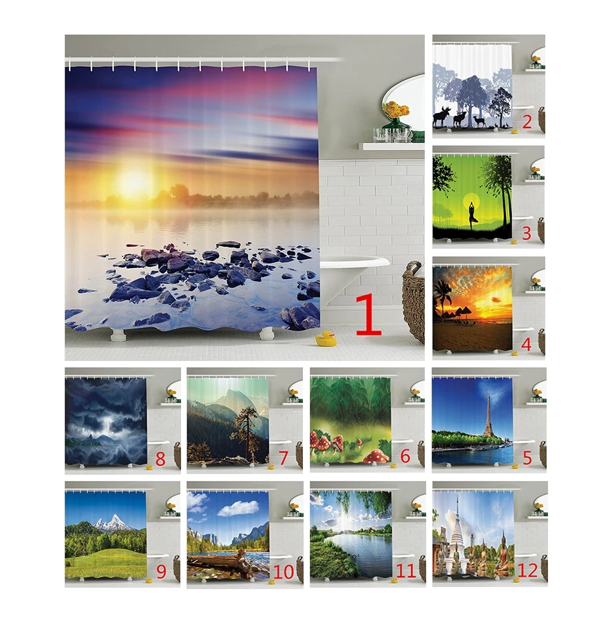 

Набор для ванной из полиэстеровой ткани с изображением пейзажа, с крючками, разные цвета на выбор