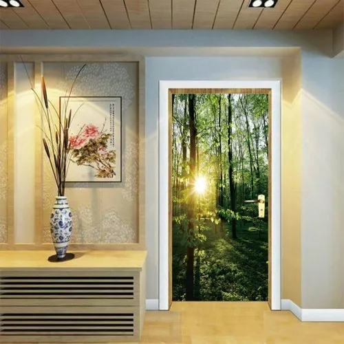 

3D Effect Autumn Maple Sunflower Landscape Door Sticker Sliding Door Wallpaper Wall Sticker Home Bedroom Decorative