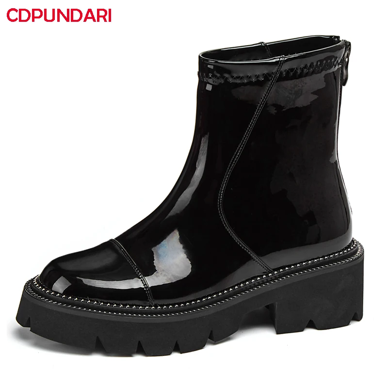 

Ladies Black Genuine Leather Med Heels Ankle Boots For Women Autumn Winter Platform Short Boots Shoes Bottes Plateforme Femme